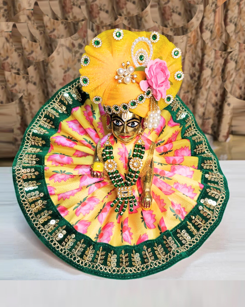 Lotus Print Yellow Silk Dress For Laddu Gopal