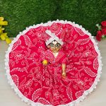 Red White Floral Embroidery Cotton Dress Laddu Gopal
