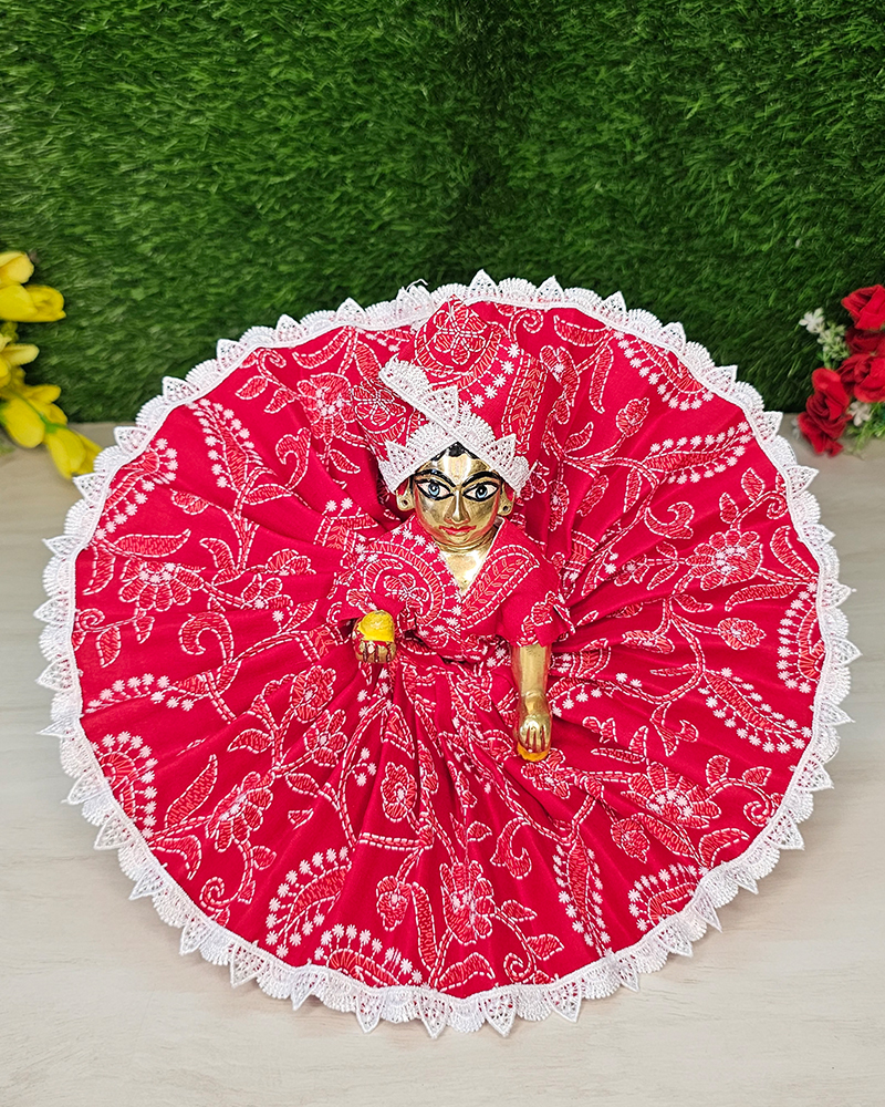 Red White Floral Embroidery Cotton Dress Laddu Gopal