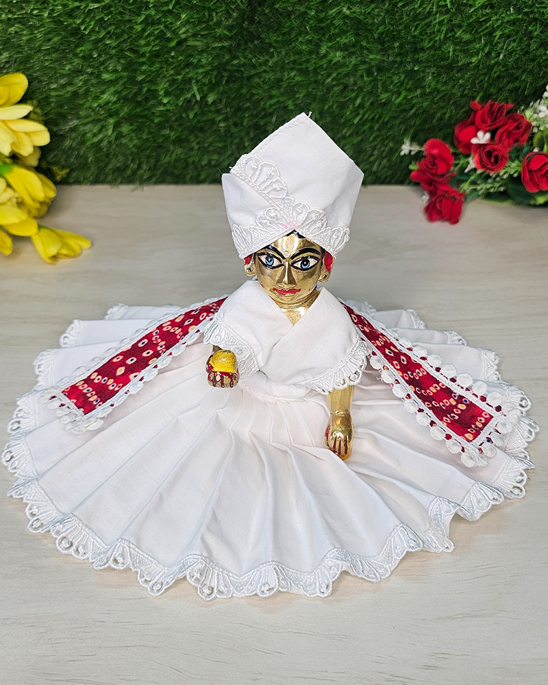 White Cotton Dress Red Bandhani Patka Laddu Gopal