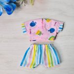 Pink Cartoon Print Shirt Blue Striped Pant Laddu Gopal