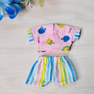Pink Cartoon Print Shirt Blue Striped Pant Laddu Gopal