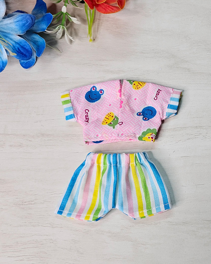 Pink Cartoon Print Shirt Blue Striped Pant Laddu Gopal