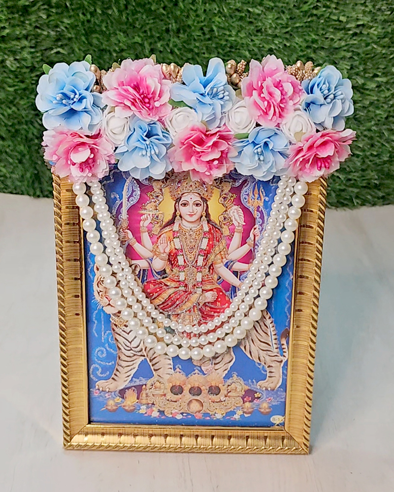 Sky Blue Pink White Flower Pearl Mala Goddess Frame